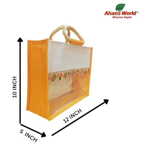 Ahans World Jute Bag 12x10x5 Inch with Transparent Window Ideal for Room Hampers GOTTA PATTY LACE (6, Yellow) Amazon.in: Home & Kitchen - Image 3