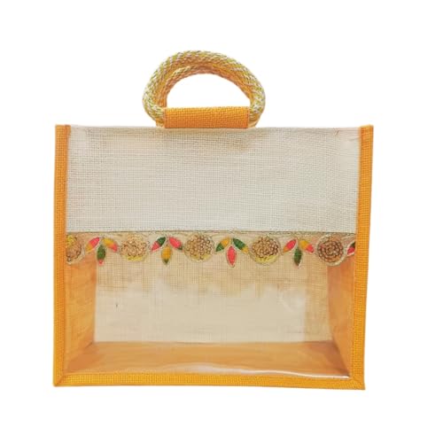 Ahans World Jute Bag 12x10x5 Inch with Transparent Window Ideal for Room Hampers GOTTA PATTY LACE (6, Yellow) Amazon.in: Home & Kitchen - Image 4