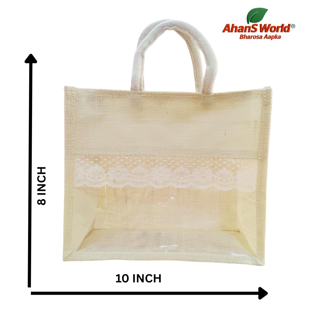Ahans World Jute Bag with Transparent Window Ideal for Room Hampers OFF WHITE (6, 10 * 8 * 5 INCH) Amazon.in: Home & Kitchen - Image 2